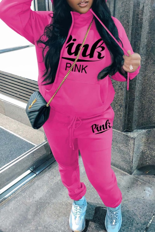 Rose Red Casual Letter Print Basic Hooded Collar Long Sleeve Two Pieces