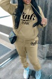 Pink Casual Letter Print Basic Hooded Collar Long Sleeve Two Pieces