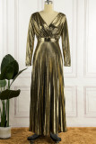 Gold Elegant Solid Patchwork Fold V Neck Long Dress Dresses