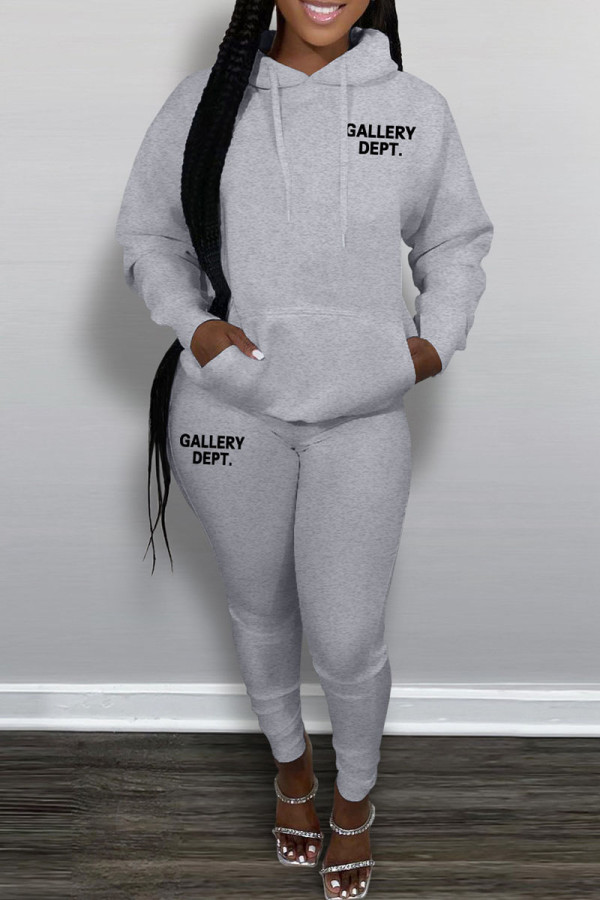 Grey Casual Letter Print Patchwork Hooded Collar Long Sleeve Two Pieces