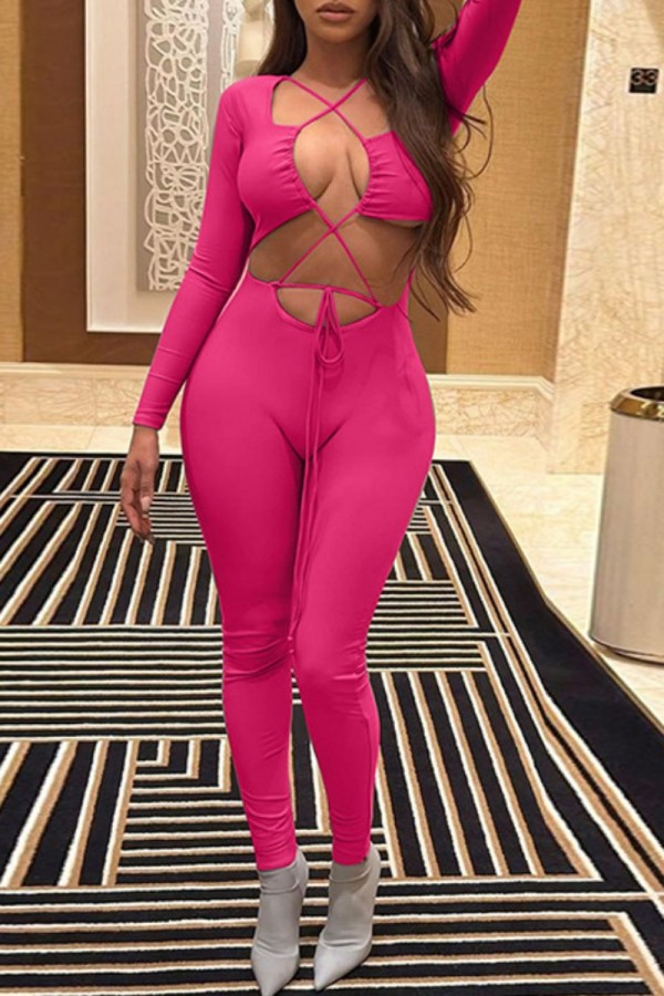 Rose Red Sexy Casual Solid Hollowed Out Frenulum V Neck Skinny Jumpsuits