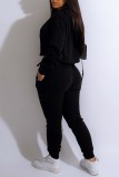 Blue Casual Solid Basic Hooded Collar Long Sleeve Two Pieces