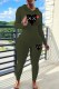 Army Green Street Print Patchwork Hooded Collar Long Sleeve Two Pieces