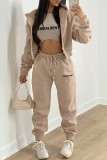 Pink Casual Letter Print Basic O Neck Long Sleeve Three-piece Set