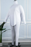 White Casual Solid Patchwork Turtleneck Plus Size Two Pieces