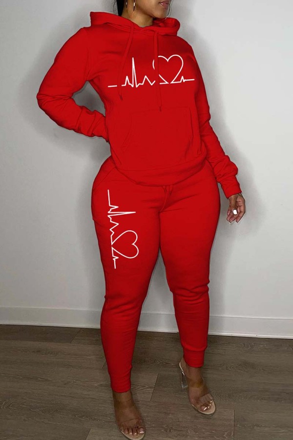 Red Casual Print Basic Hooded Collar Long Sleeve Two Pieces