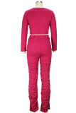 Pink Casual Print Patchwork Fold O Neck Long Sleeve Two Pieces