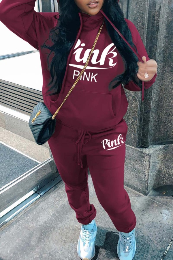 Burgundy Casual Letter Print Basic Hooded Collar Long Sleeve Two Pieces
