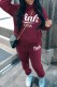 Burgundy Casual Letter Print Basic Hooded Collar Long Sleeve Two Pieces