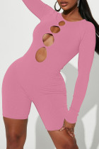 Pink Sexy Solid Hollowed Out Patchwork O Neck Skinny Rompers