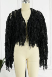 Blue Street Solid Tassel Patchwork Cardigan Collar Outerwear