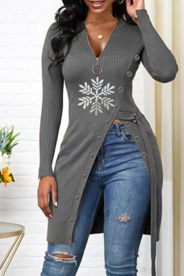 Grey Street Snowflakes Zipper V Neck T-Shirts