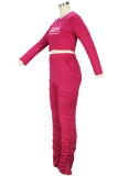 Pink Casual Print Patchwork Fold O Neck Long Sleeve Two Pieces