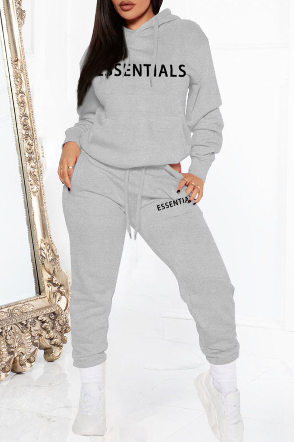 Grey Casual Print Patchwork Hooded Collar Long Sleeve Two Pieces
