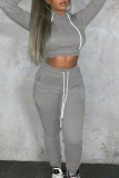 Grey Casual Street Solid Bandage Patchwork Hooded Collar Long Sleeve Two Pieces