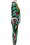 Green Sexy Print Bandage Patchwork Turndown Collar Long Sleeve Two Pieces