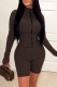 Coffee Casual Solid Patchwork Zipper Collar Skinny Romper