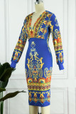 Blue Sexy Print Patchwork V Neck Pencil Skirt Dresses