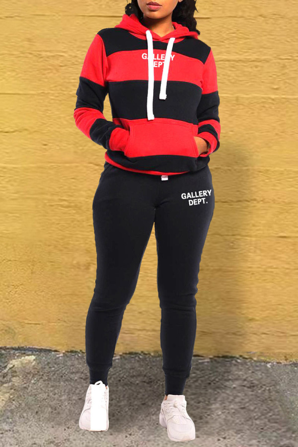 Red Casual Striped Print Patchwork Hooded Collar Long Sleeve Two Pieces