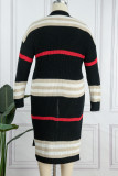Black Casual Striped Cardigan Plus Size Overcoat