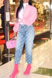 Pink Casual Solid Cardigan O Neck Outerwear