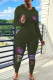 Army Green Casual Print Patchwork Hooded Collar Long Sleeve Two Pieces