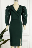 Ink Green Sexy Formal Patchwork Beading V Neck One Step Skirt Dresses