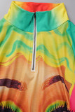 Colour Casual Print Patchwork Zipper Collar Straight Dresses