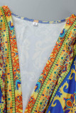 Blue Sexy Print Patchwork V Neck Pencil Skirt Dresses