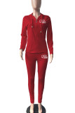Red Casual Print Patchwork Zipper Hooded Collar Long Sleeve Two Pieces