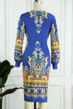 Blue Sexy Print Patchwork V Neck Pencil Skirt Dresses