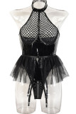 Black Sexy Solid Hollowed Out Patchwork Flounce Valentines Day Lingerie