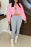 Pink Casual Solid Cardigan O Neck Outerwear