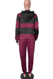 Red Casual Striped Print Patchwork Hooded Collar Long Sleeve Two Pieces
