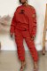 Orange Red Fashion Casual Print Hollowed Out Letter Oblique Collar Long Sleeve Two Pieces