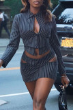 Black Sexy Street Striped Print Hollowed Out Patchwork Asymmetrical Turndown Collar Long Sleeve Two Pieces