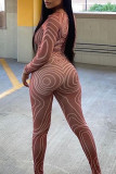 Brown Sexy Print Patchwork O Neck Skinny Jumpsuits