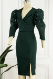 Ink Green Sexy Formal Patchwork Beading V Neck One Step Skirt Dresses