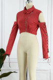 Red Street Solid Bandage Patchwork Zipper Turndown Collar Outerwear