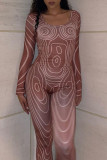 Brown Sexy Print Patchwork O Neck Skinny Jumpsuits