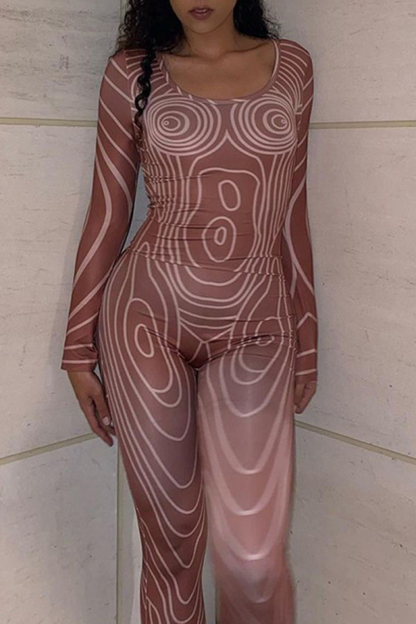 Brown Sexy Print Patchwork O Neck Skinny Jumpsuits