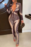 Brown Sexy Print Patchwork Zipper Collar Skinny Jumpsuits