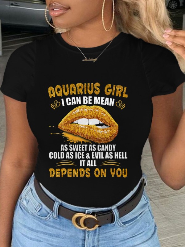 Black Street Lips Printed Patchwork O Neck T-Shirts