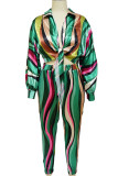 Green Sexy Print Bandage Patchwork Turndown Collar Long Sleeve Two Pieces