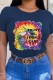 Navy Blue Street Character Print Letter O Neck T-Shirts