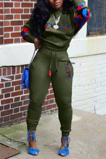 Army Green Fashion Casual Letter Print Patchwork O Neck Plus Size Set