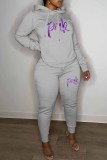 Red Casual Print Letter Hooded Collar Long Sleeve Two Pieces