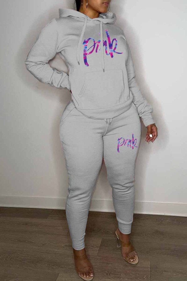 Grey Casual Print Letter Hooded Collar Long Sleeve Two Pieces