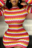 Red Sexy Striped Print Patchwork Backless O Neck Pencil Skirt Dresses