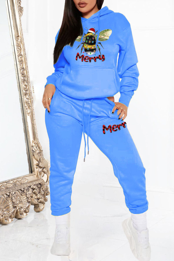 Blue Casual Print Patchwork Hooded Collar Long Sleeve Two Pieces